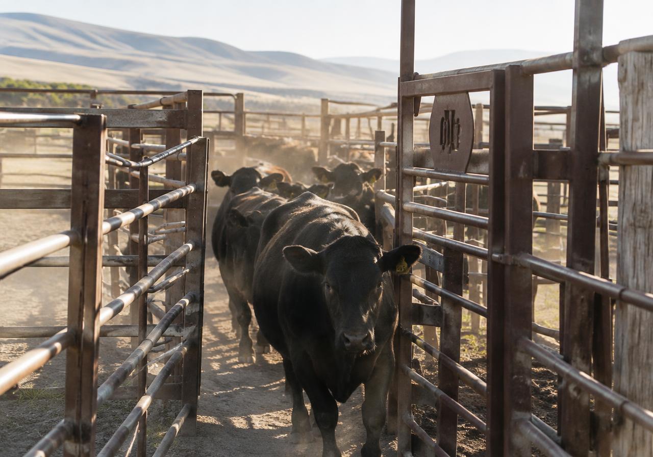 Cattle moving through a steel pipe corral alley