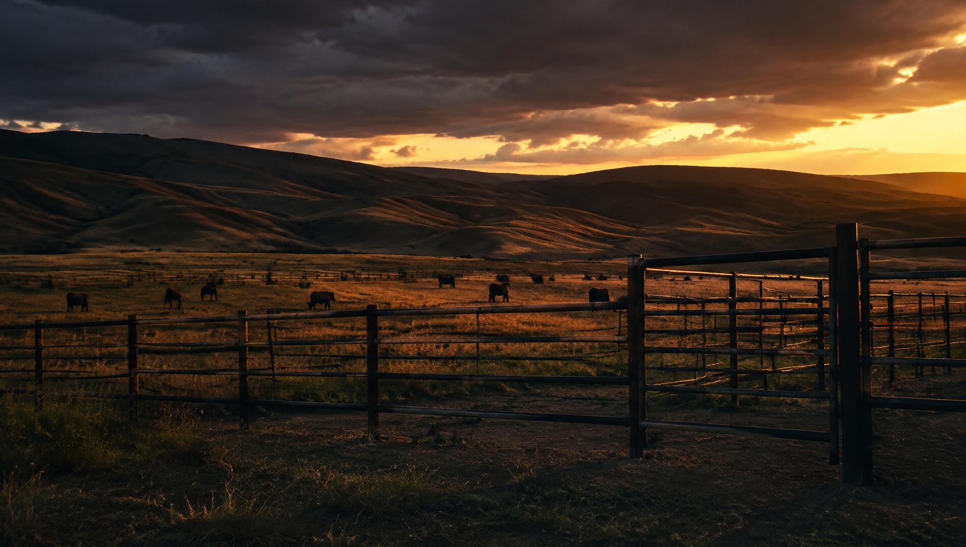 Steel pipe ranch fence and corral at sunset in Central Washington