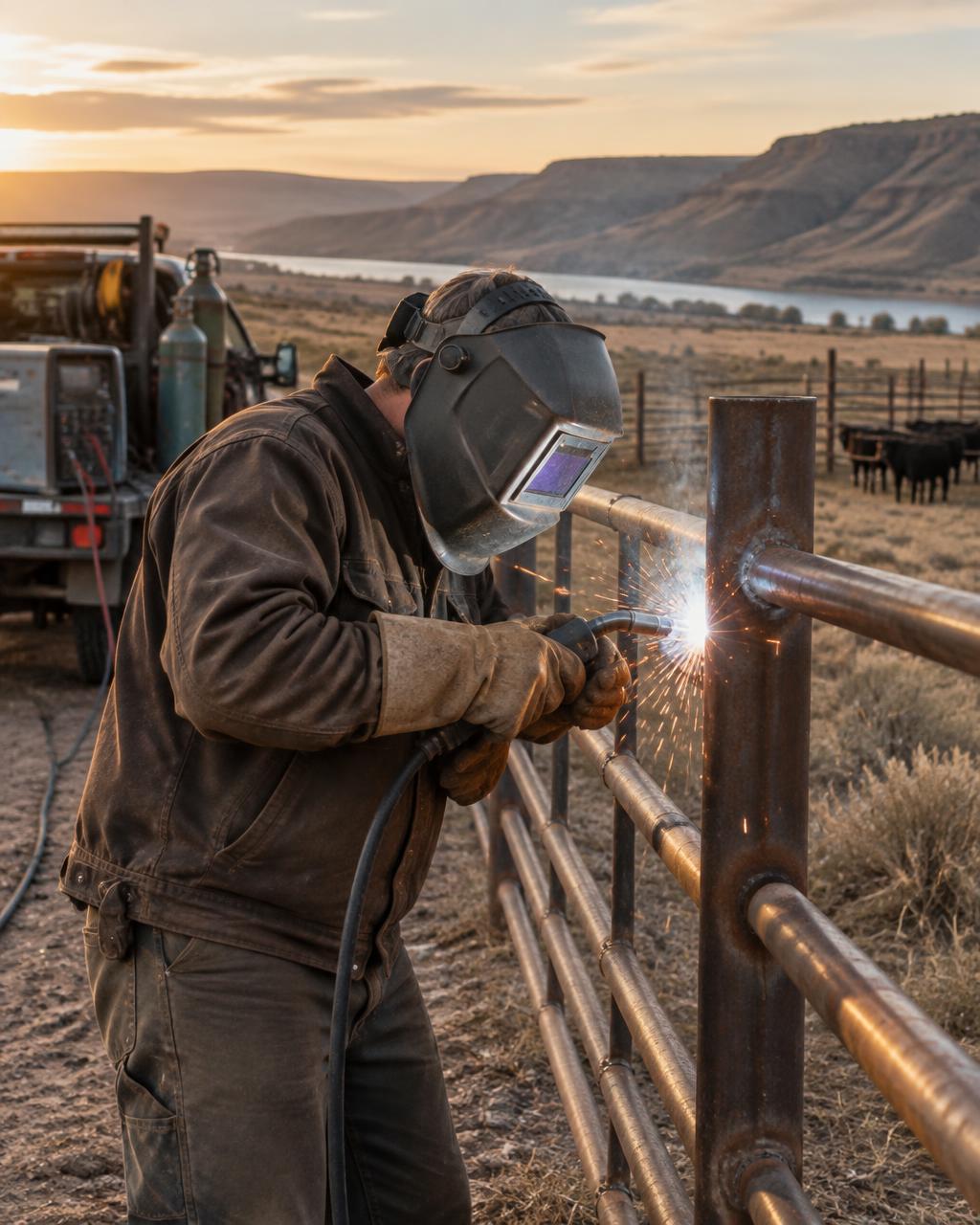 Professional welder building a steel pipe fence
